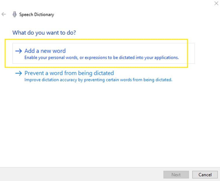 Add a new word option under Speech Dictionary