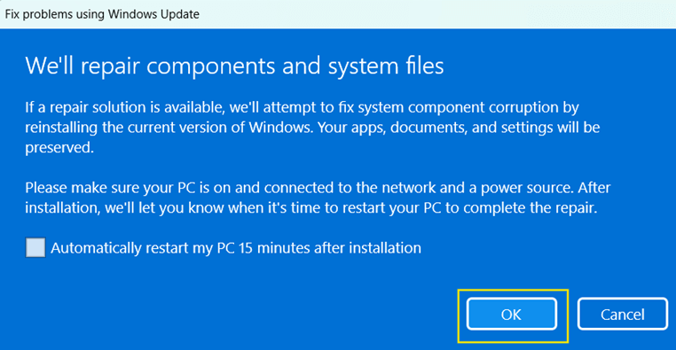 Fix problems using windows update window go click ok
