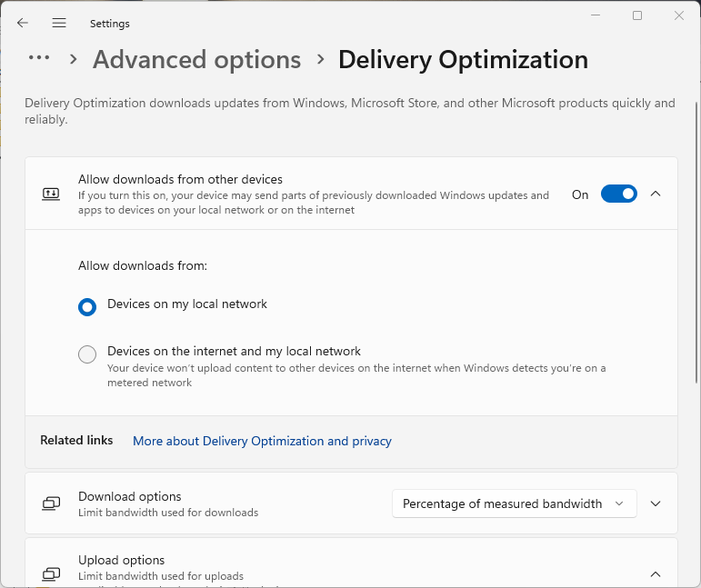 Delivery optimization dialog box