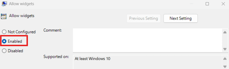 Allow widgets option enabled