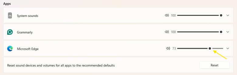 drag the apps volume slider to set its level relative to the system volume