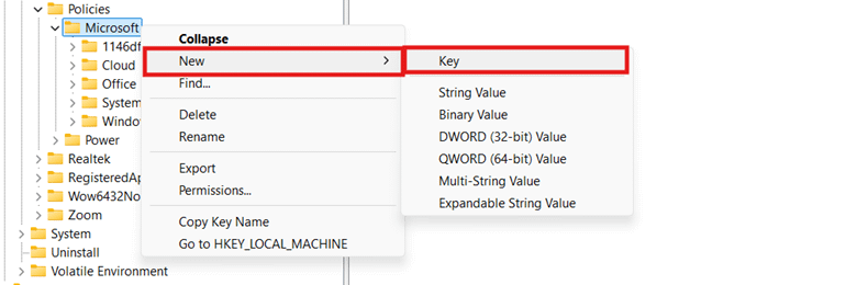 Adding new key on Registry Editor