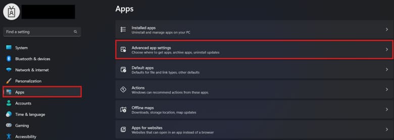 Advanced app settings window