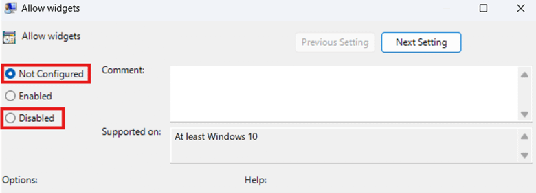 Allow widgets not configured and disabled options