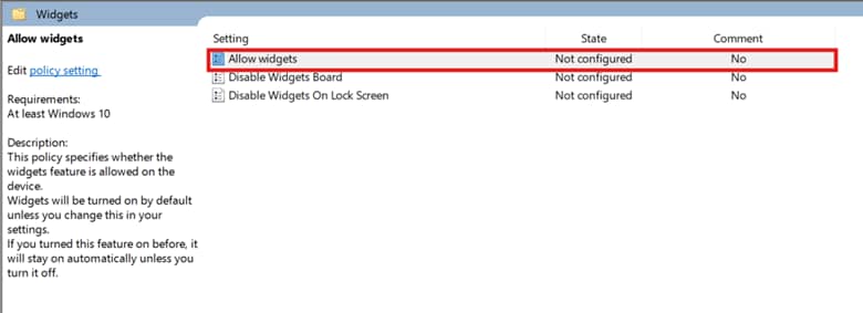 Allow widgets policy setting