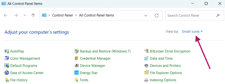 Control Panel Small Icons View