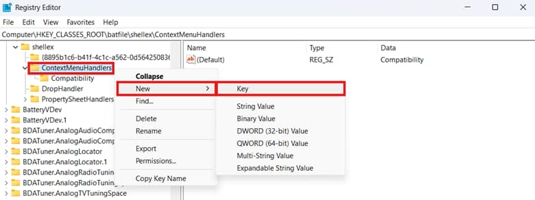 Add new key in Registry Editor and name it ContextMenuHandlers