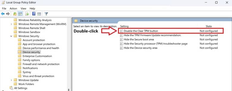 Local Group Policy Editor-double-click Disable the Clear TPM button