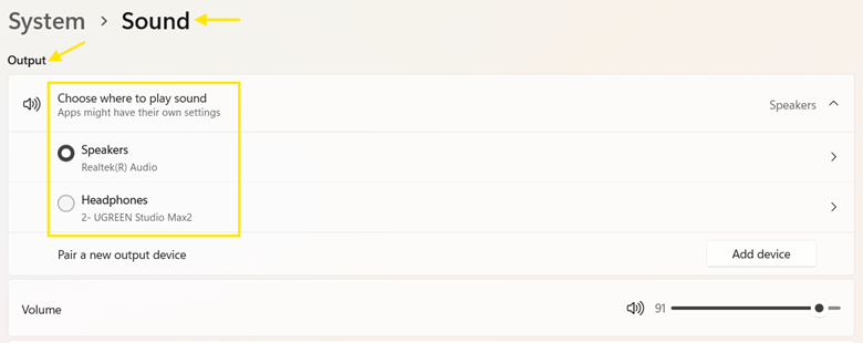 Test the audio to confirm that it plays through the selected device