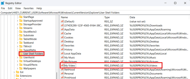 Registry Editor My Video string value