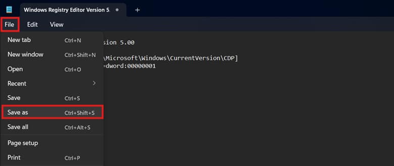 File menu Save as option