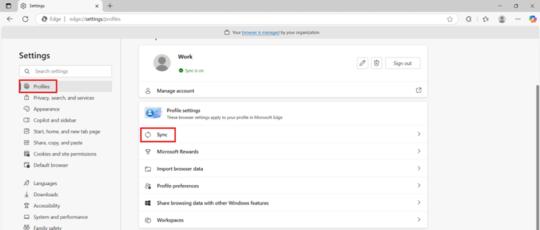 Microsoft Edge Profile Sync settings