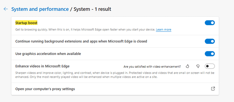 Go to System and Performance in Edge three-dot menu