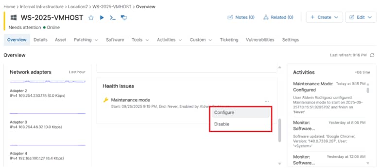 Locate the Maintenance Mode entry under the Health issues section
