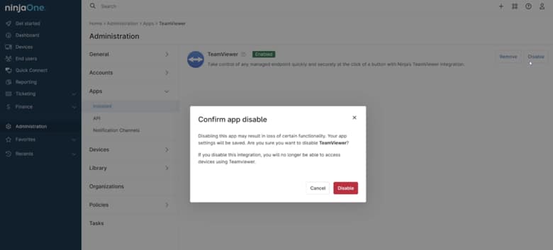 Confirm app disable prompt