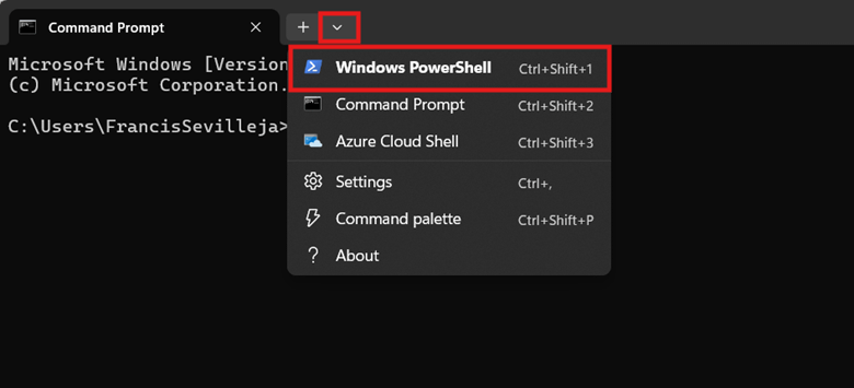 Open Windows PowerShell from Terminal dropdown menu new tab