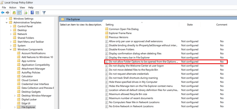 Find and double-click Do not allow Folder Options to be opened from the Options button on the View tab of the ribbon.