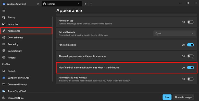 Appearance settings to hide terminal in the notification area when minimized toggle button