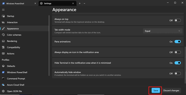 Save button for Appearance settings