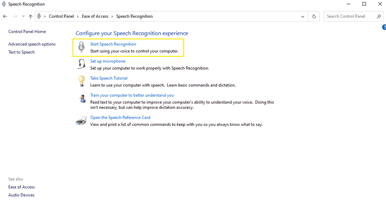 Start Speech Recognition in Control Panel