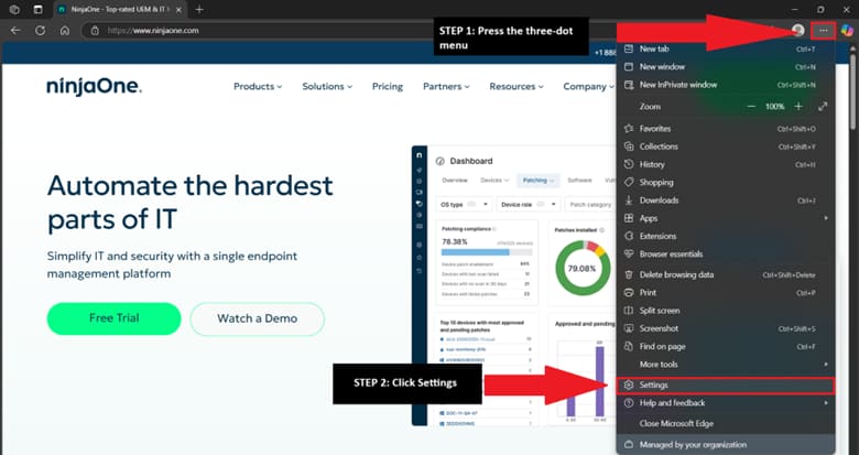 Edge Browser Click three-dot menu and settings