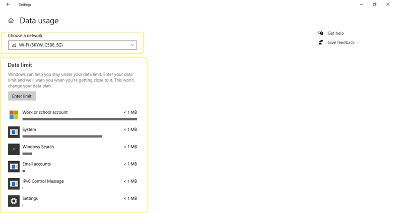 Choose a network option and data limit information