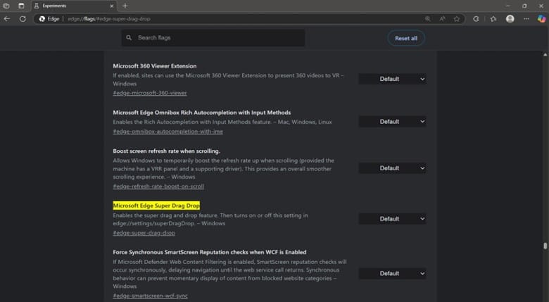 Microsoft Edge Super Drag Drop options