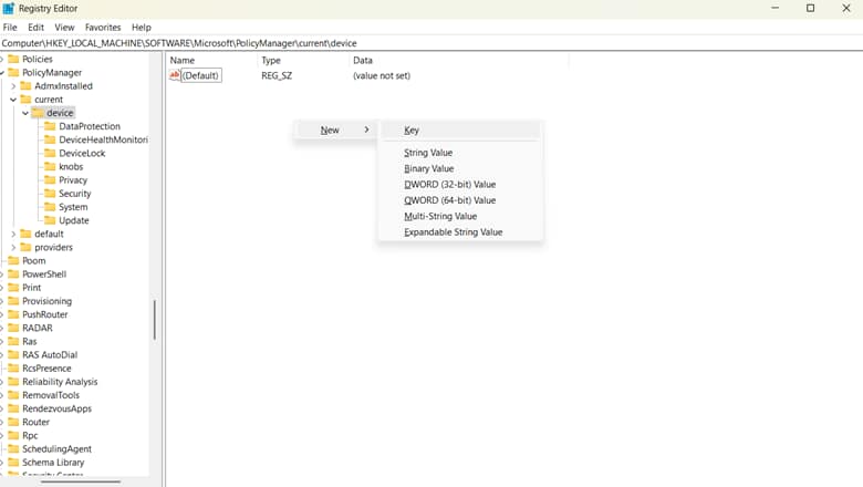 Add new key in registry editor