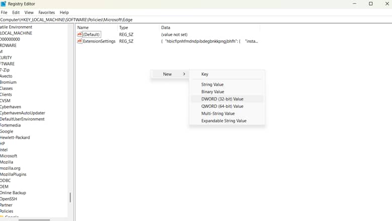 Open Registry editor go to Edge folder and create DWORD (32-bit) Value