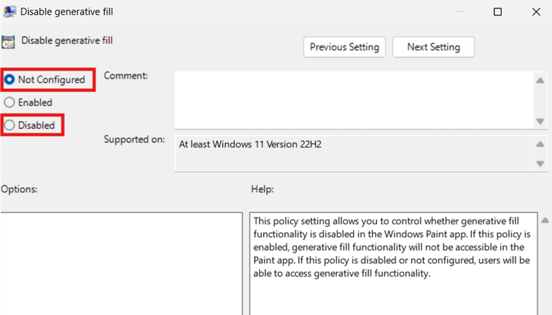 Optionsfelder Generative Füllung