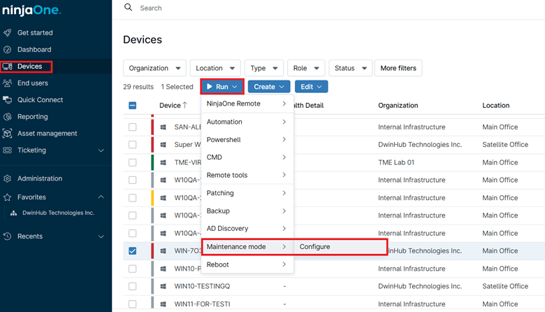 To update the maintenance window, click on Run button then choose Maintenance mode > Configure