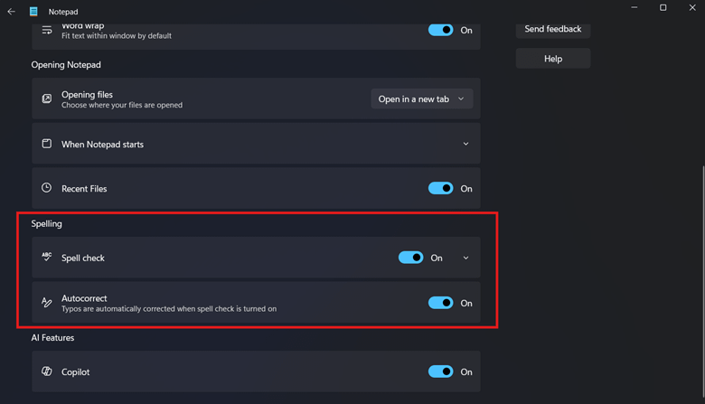 Notepad settings for spell check and autocorrect