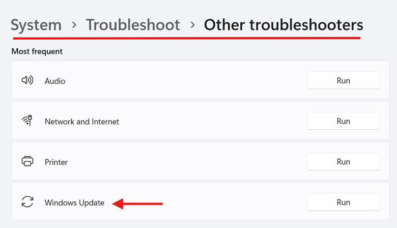 Windows Update option under System Troubleshoot