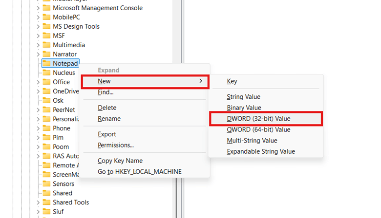 Notepad new DWORD Value