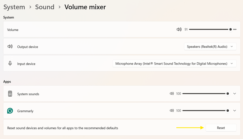 Open Settings,System,Sound,Volume mixer and click reset