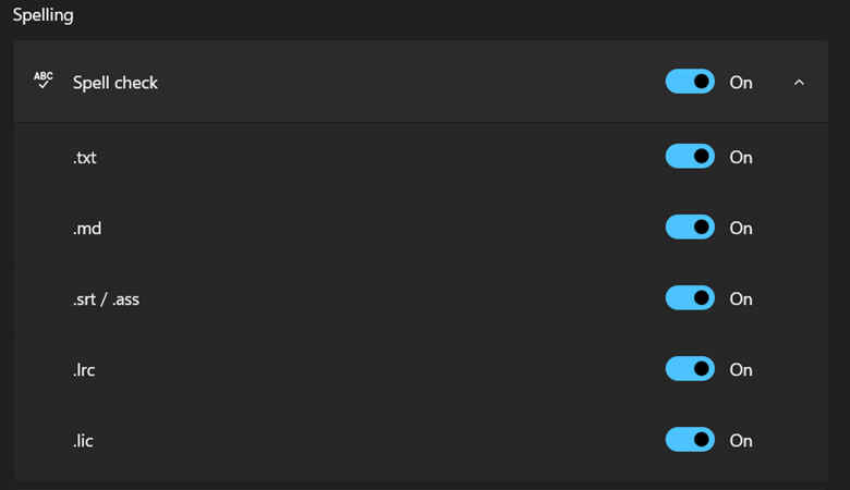 Spell check settings for different file types