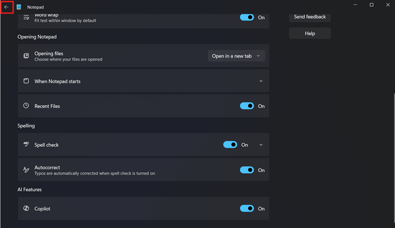 Notepad settings window