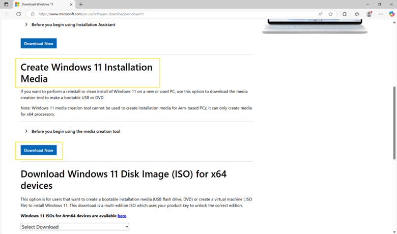 Official Microsoft download page find Create Windows 11 Installation Media and click download now