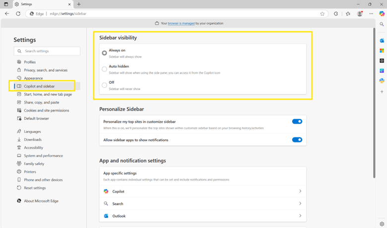 Sidebar visibility settings