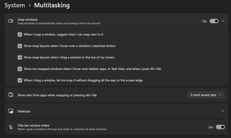 Locate Snap Windows in system settings