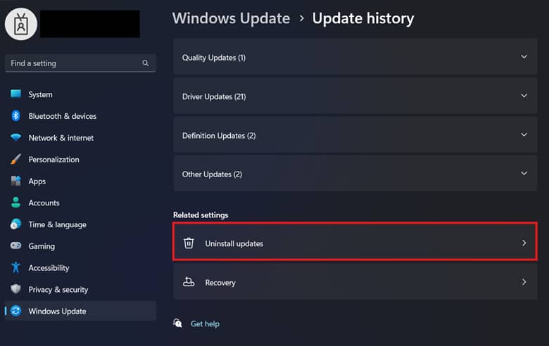 Choose Uninstall updates