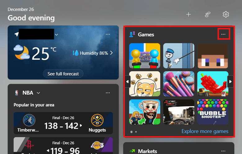 Bewegen Sie den Cursor über das zu entfernende Widget und wählen Sie anschließend die Schaltfläche Weitere Optionen aus