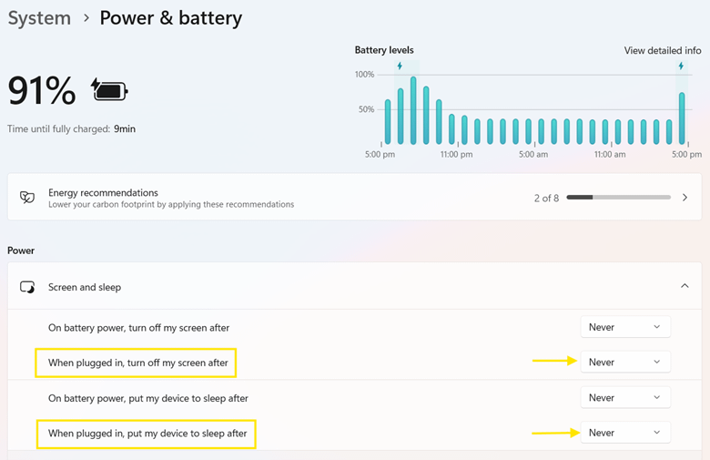 System Power & battery settings