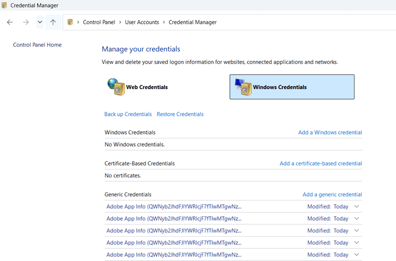 Windows Credentials option under Credential Manager window