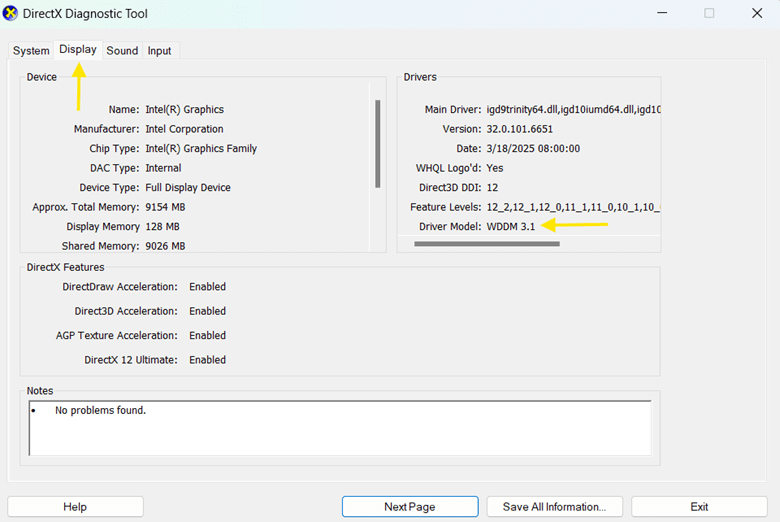 Display tab in DirectX Diagnostic Tool