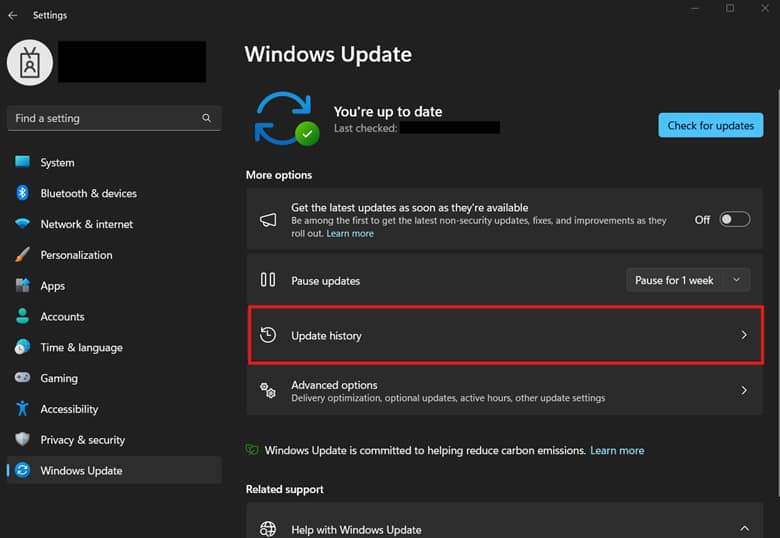 After pausing updates, click Update history