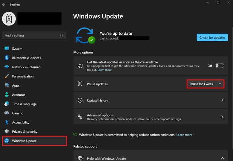 Select Windows Update and then press the drop-down beside Pause updates