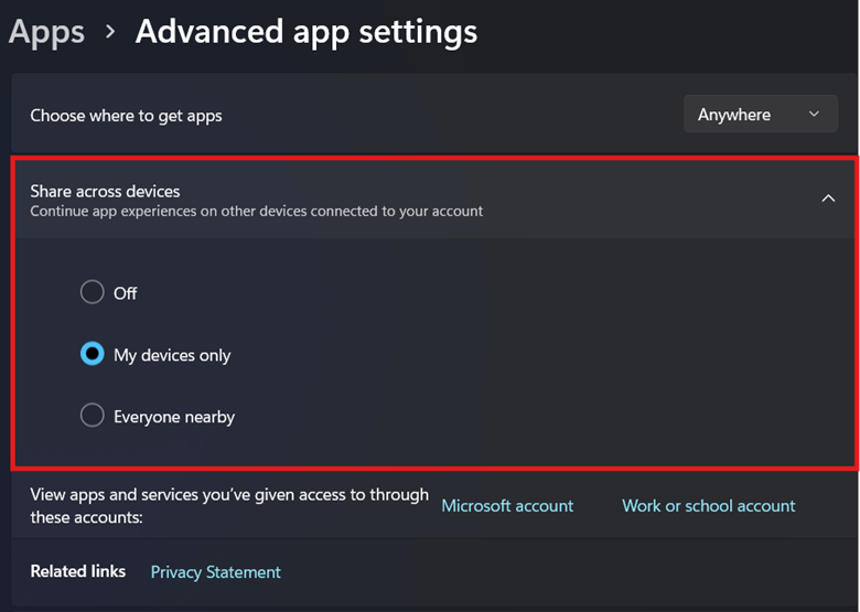 Share across devices options