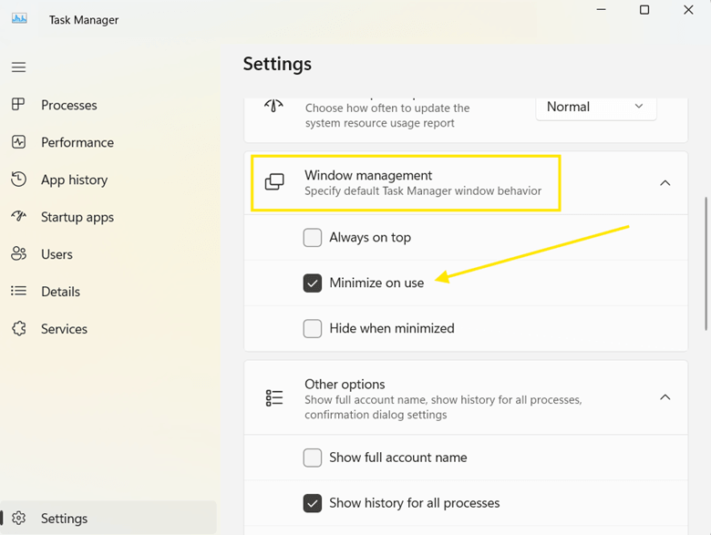 Minimize on use checkbox