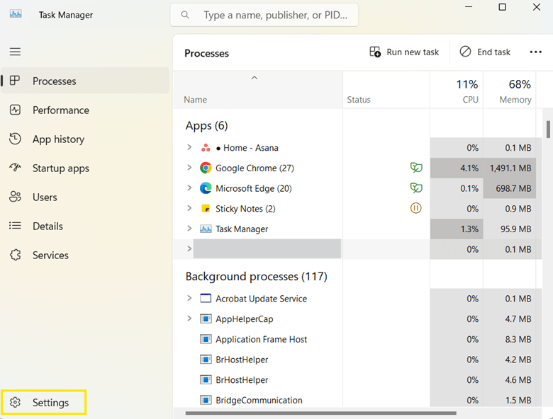 Task Manager Settings